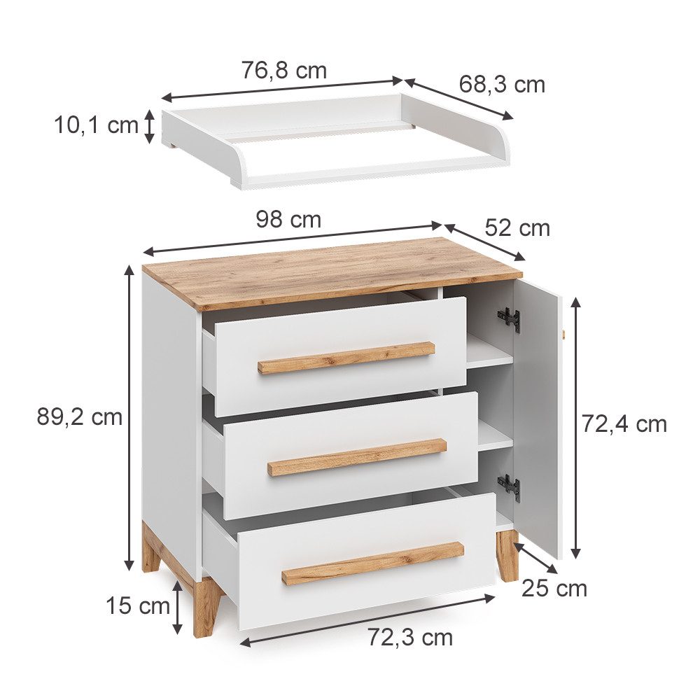VitaliSpa® Wickelkommode Malia, Weiß/Artisan, 98 x 98 cm mit Schubladen