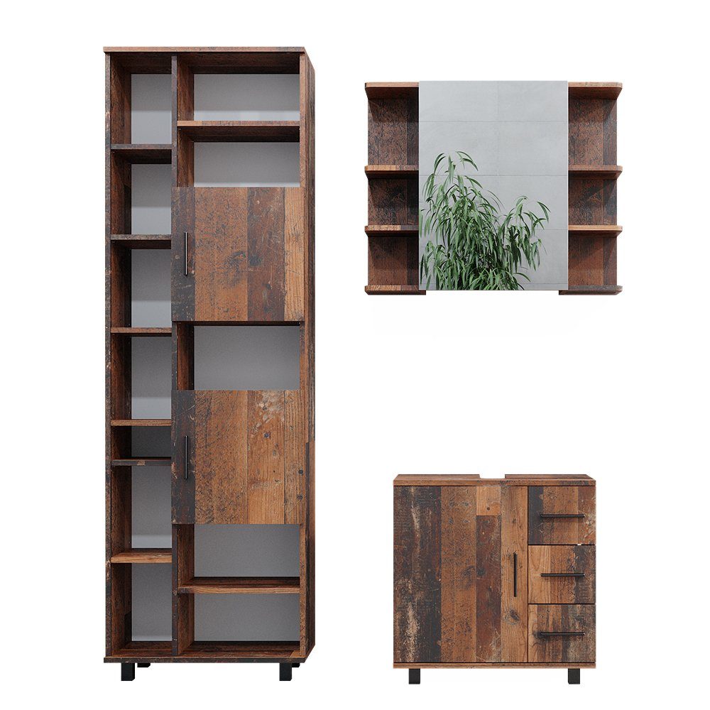 Badmöbel-Set Ilias, Eiche rustikal, 3 Teile, mit Unterschrank 60 cm
