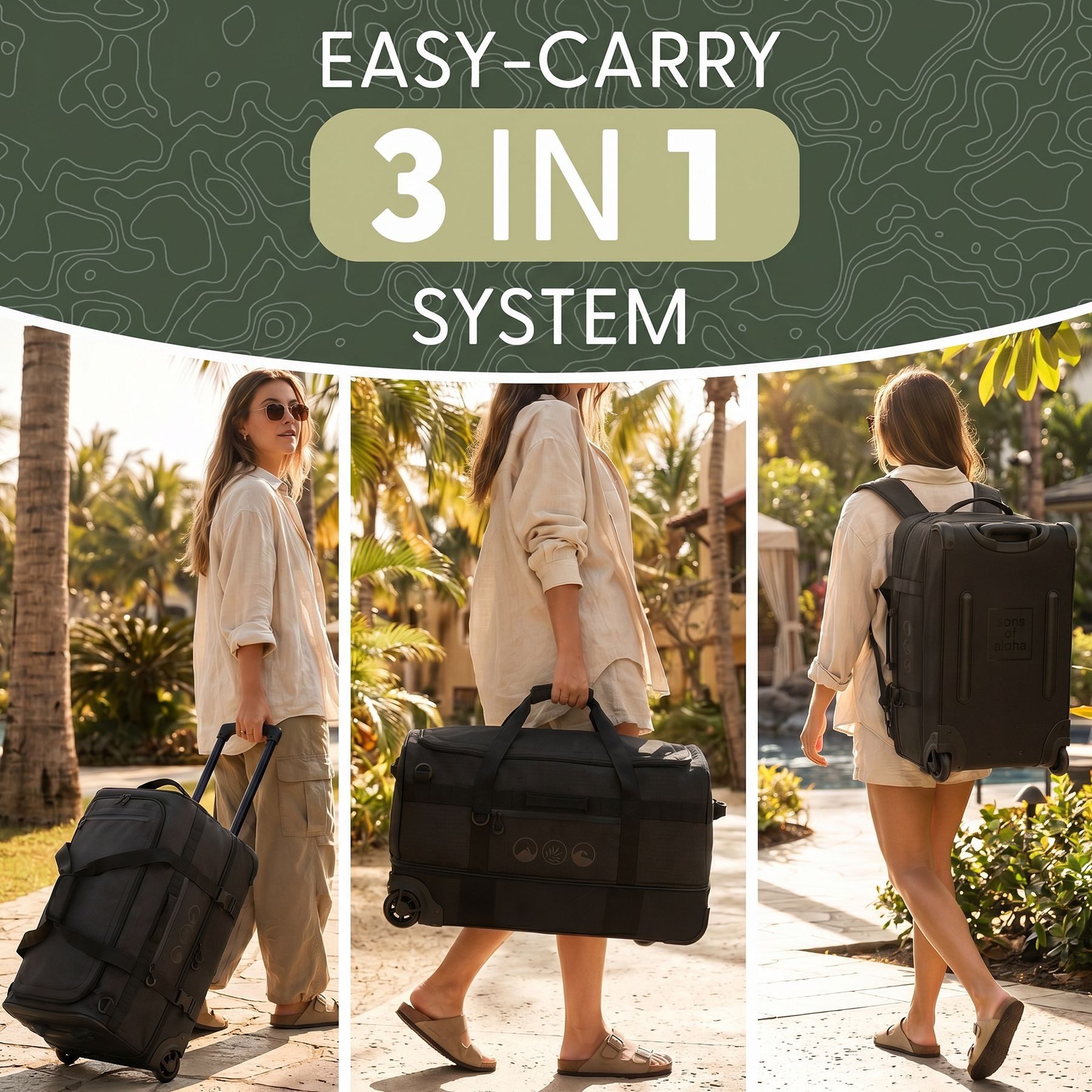 SONS OF ALOHA Koffer 3in1 Reisetasche, Koffer & Rucksack FLOW Schuhfach Handgepäck schwarz, 3in1 Hybrid Handgepäck Koffer & Rucksack aus recycelten Materialen