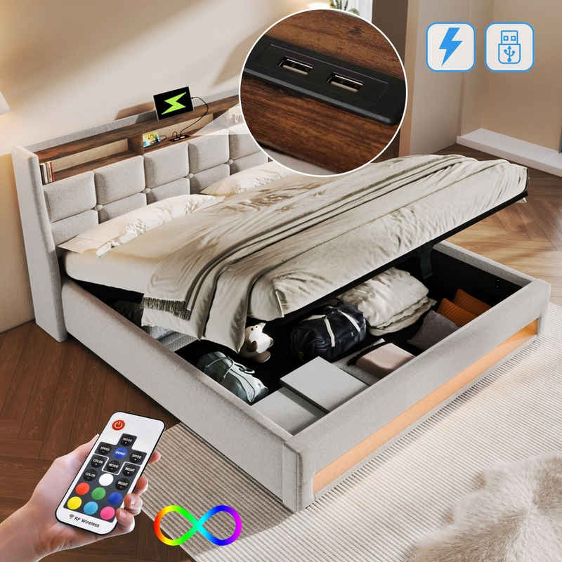 OKWISH Polsterbett Bett (LED Doppelbett Jugendbett mit USB/Typ-C Ladeanschluss), 160x200cm,Ohne Matratze