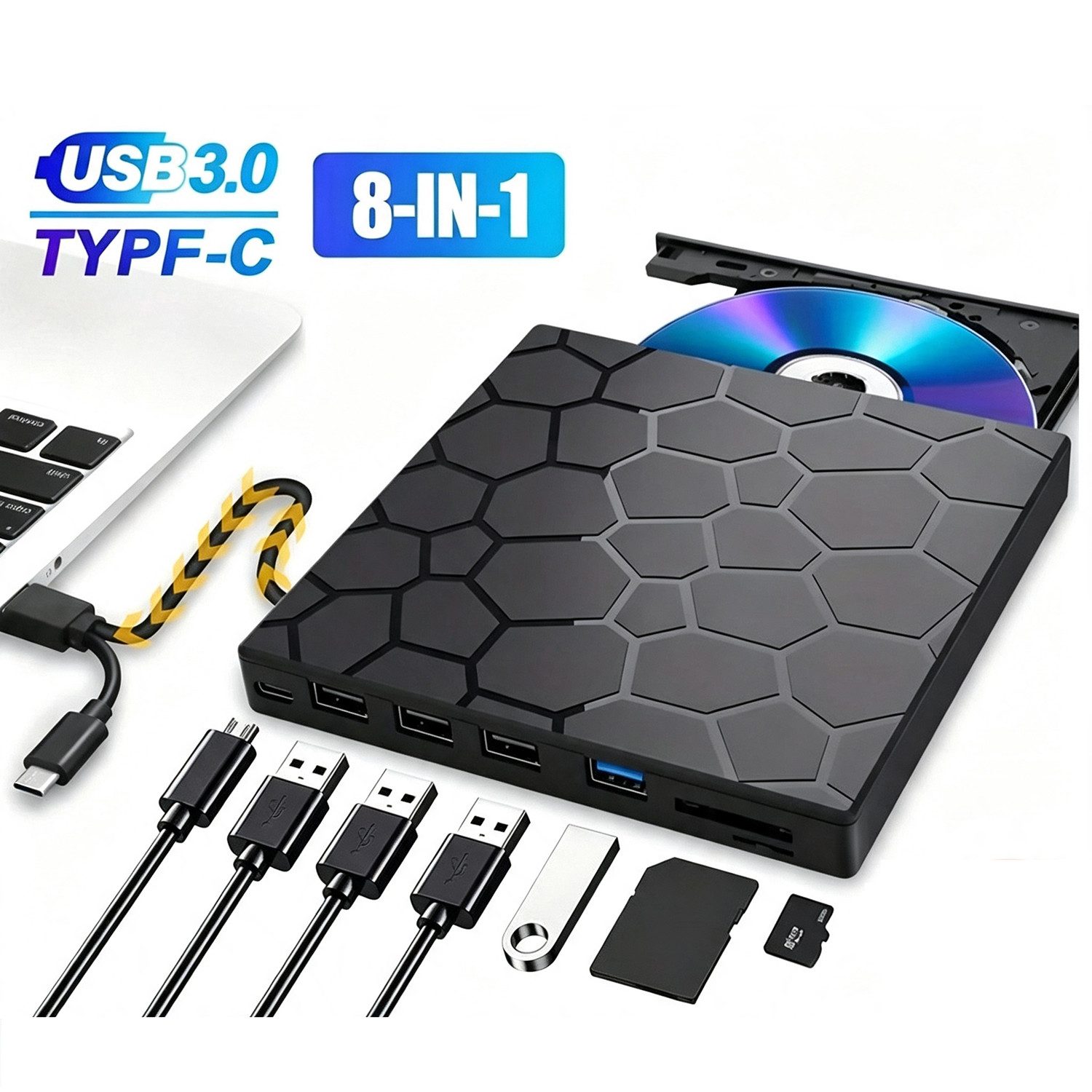 Fyrove Externes CD DVD Laufwerk, USB 3.0 & USB-C, +/-RW ROM Brenner DVD-Brenner (Optical External DVD Drive für Laptop, PC, Desktop, MacBook, iMac)
