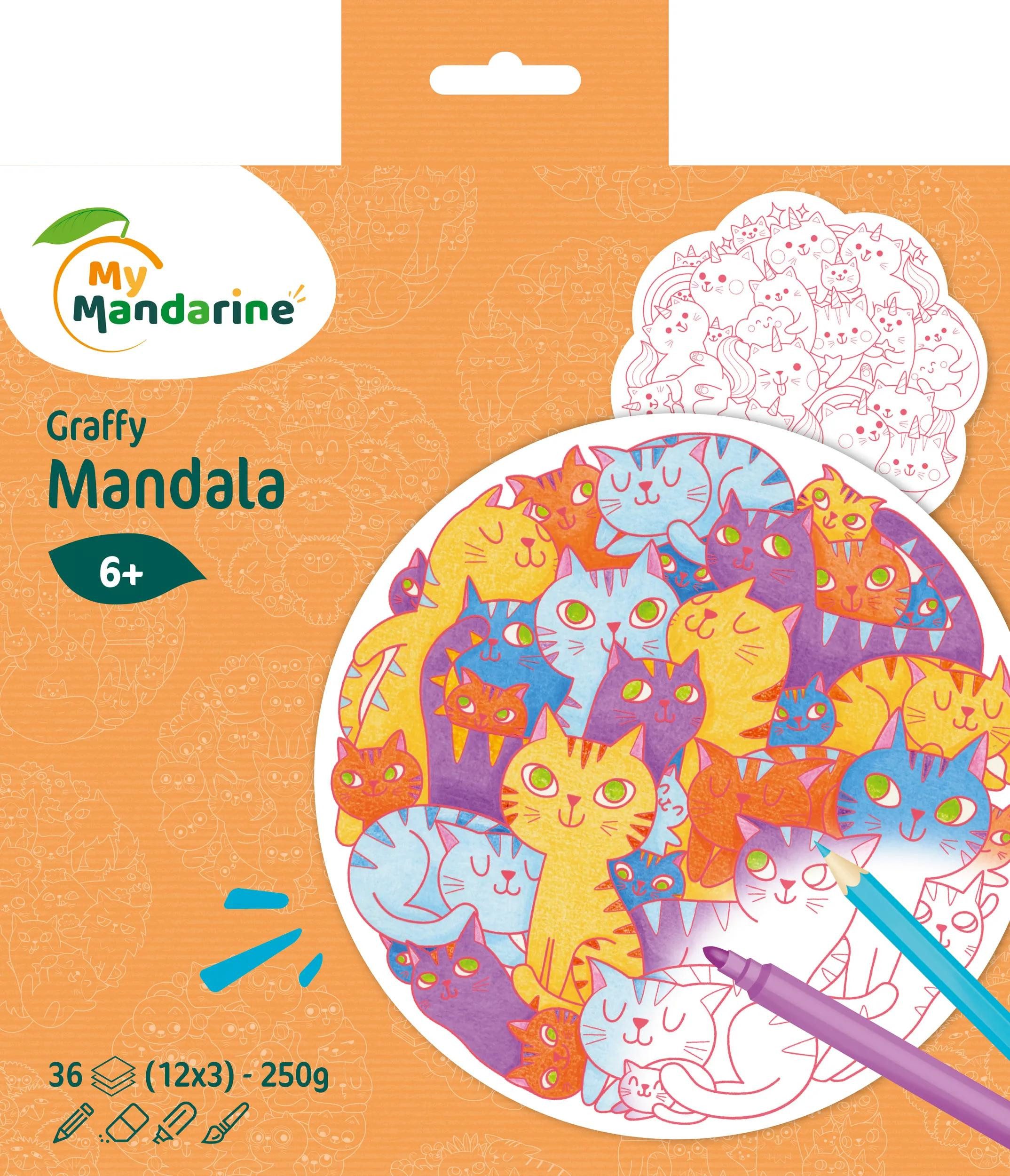 Avenue Mandarine Malvorlage 5x Graffy Mandala, Katzen-Durcheinander - Mehrfarbig GY142C, Ausmalbuch