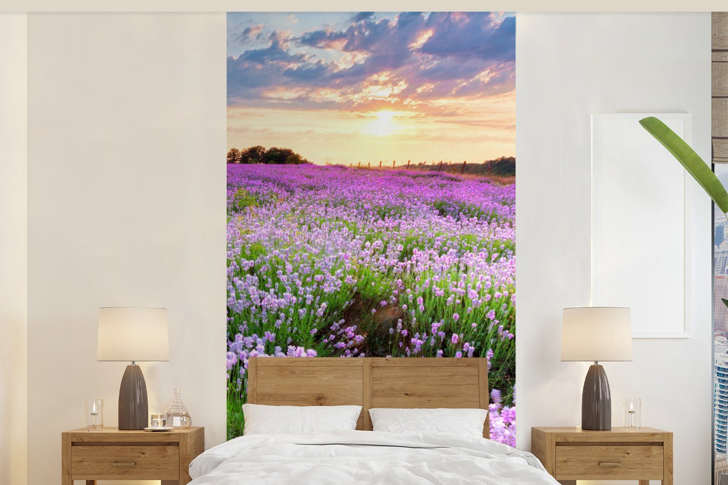 MuchoWow Fototapete Blumen - Lavendel - Lila - Himmel - Sonnenuntergang - Wiese - Natur, Matt, bedruckt, (2 St), Vliestapete für Wohnzimmer Schlafzimmer Küche, Fototapete