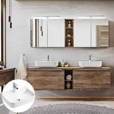 Lomadox Waschtisch-Set PUEBLA-56, (Spar-Set, 11-St), Eiche 180cm Waschtischunterschrank Waschbecken Regal Spiegelschrank