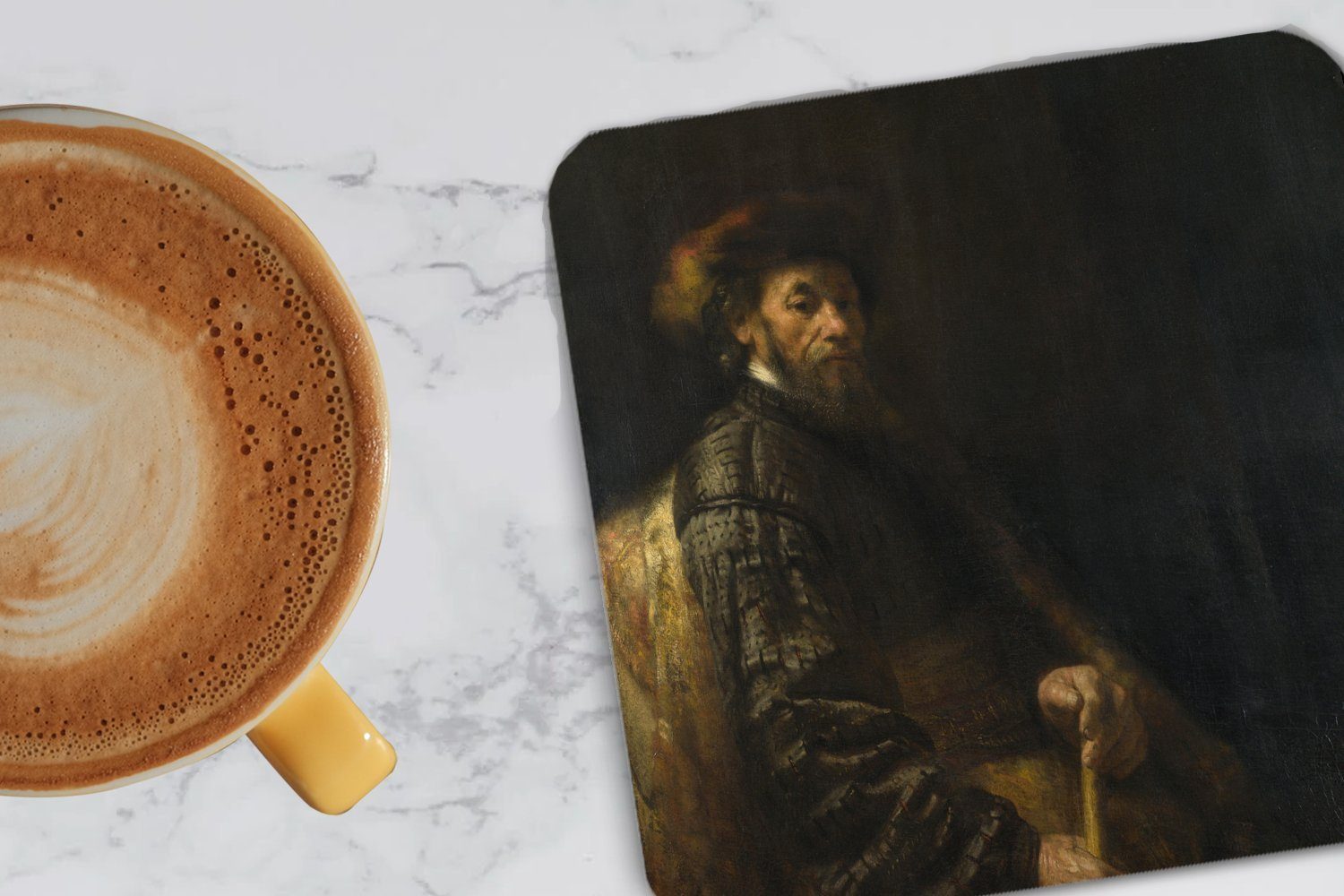 Rijn, Mann van von Glasuntersetzer, 6-tlg., Tasse Gemälde Zubehör MuchoWow Gläser, Glasuntersetzer für Sitzender - Stock Untersetzer, mit Tischuntersetzer, Korkuntersetzer, Rembrandt