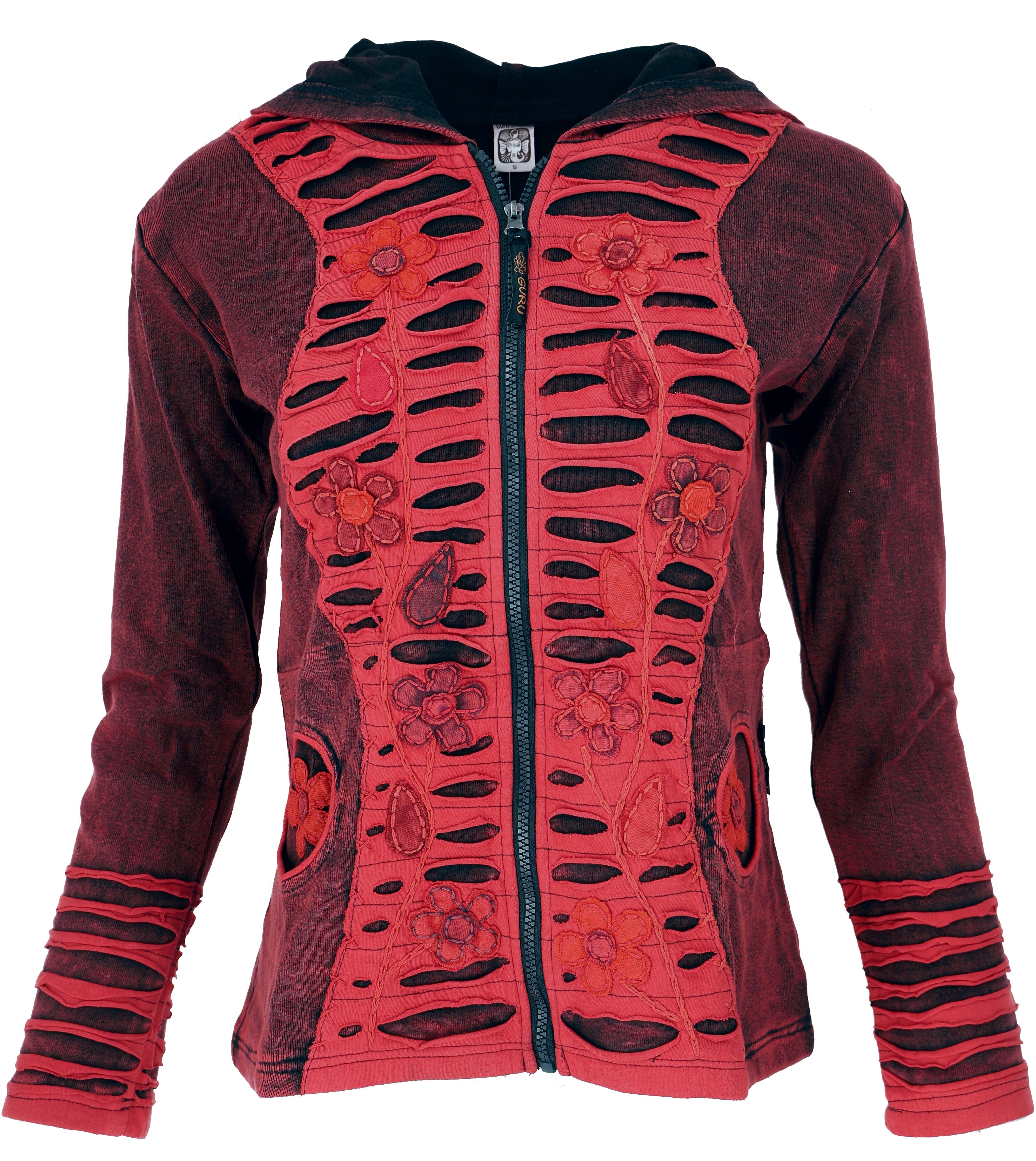 Guru-Shop Langjacke Goa Stonewash Patchwork.. Jacke, Bekleidung Boho rot alternative