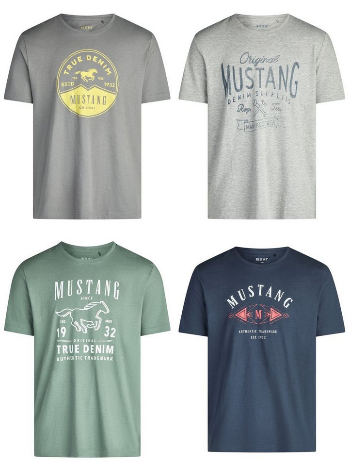 MUSTANG T-Shirt Herren Printshirt 4er Pack Set Regular Fit (Vorteilspack, 4-tlg) Kurzarm Sommer Tee Shirt mit Rundhalsausschnitt aus 100% Baumwolle