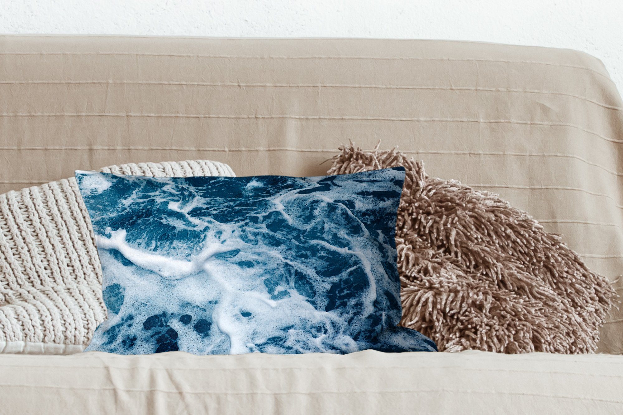 Wohzimmer Wasser Schaum, Dekokissen - MuchoWow Schlafzimmer Zierkissen, - Dekokissen Ozean Dekoration, - Füllung, mit Wellen