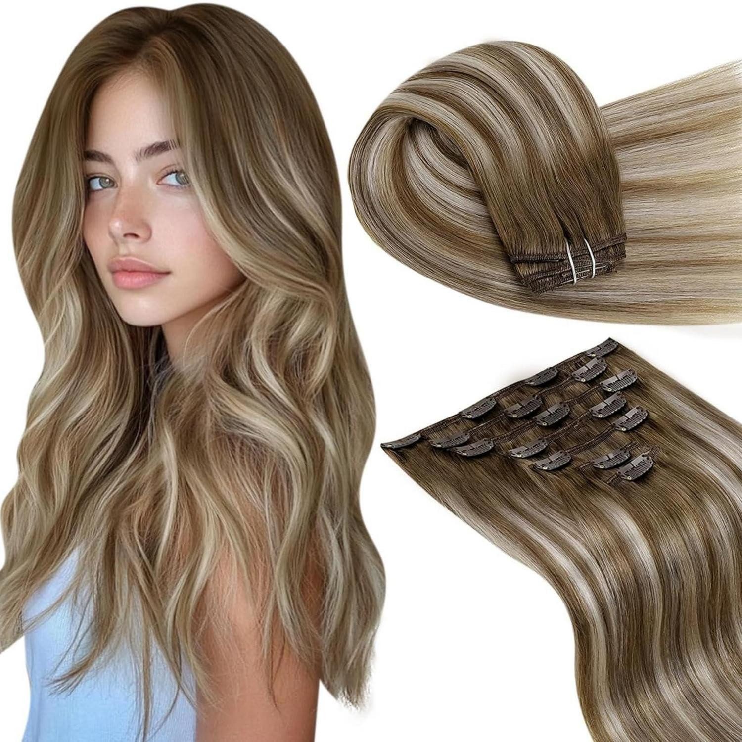 Echthaar-Extension Clip In Extensions Blond Ombre Echthaar Remy 60cm-7PCS 2.5#8 60 8