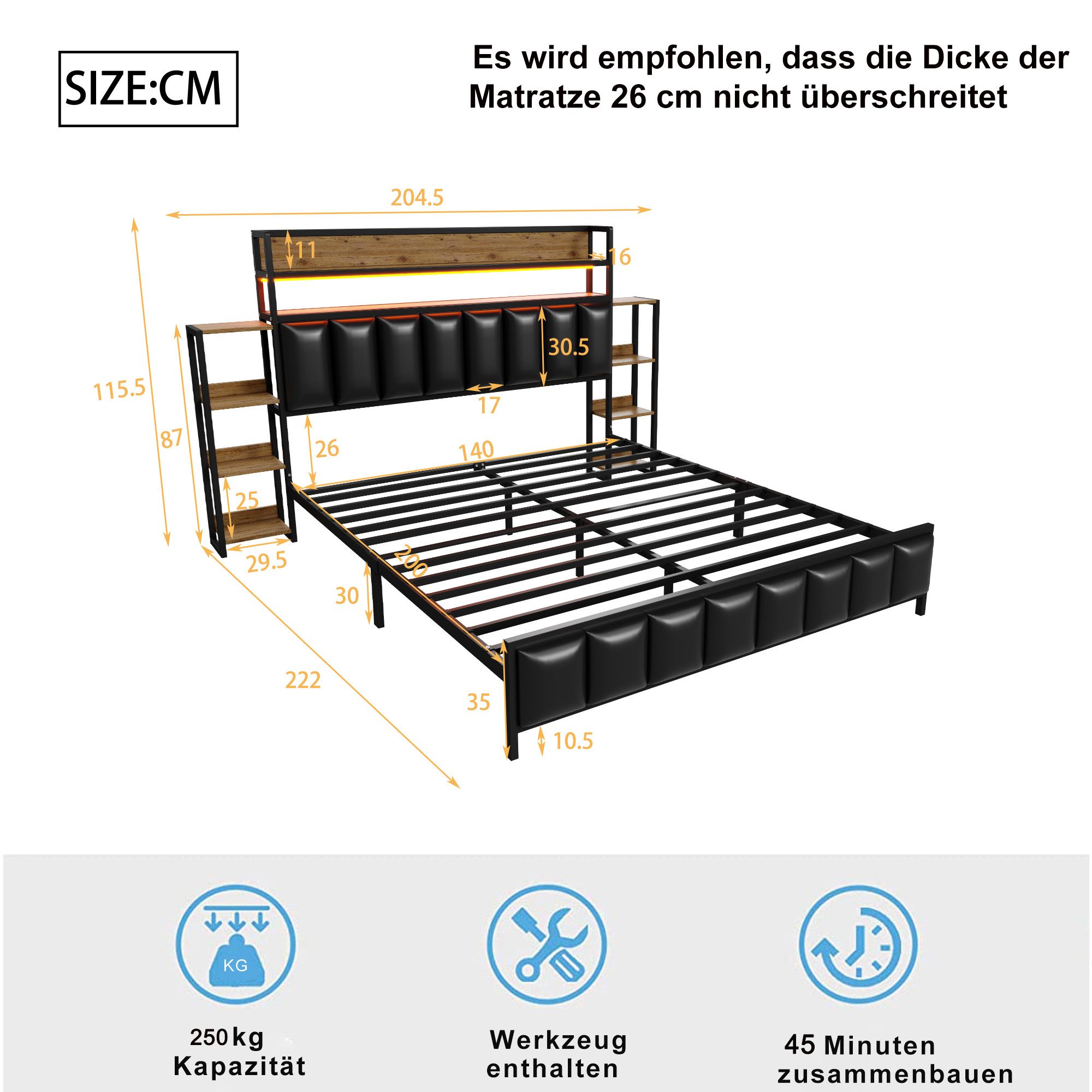 Flieks Metallbett, LED Kunstleder-Polsterbett Doppelbett 140x200cm mit Stau günstig online kaufen