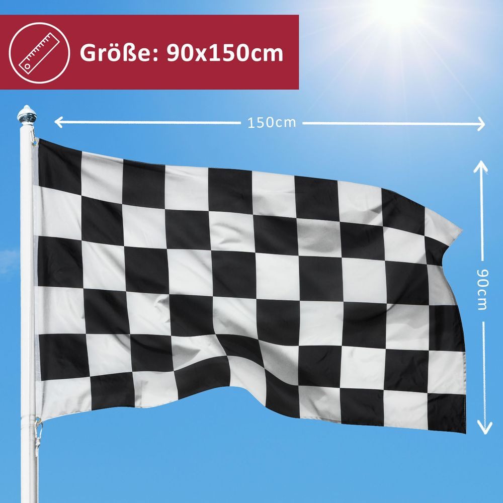 PHENO FLAGS Flagge Motorsportflagge, 150x90cm - schwarz-weiße Rennflagge (Zielflagge - Formel 1 Fanartikel, wetterfest), mit stabilen Metallösen & Doppelnaht