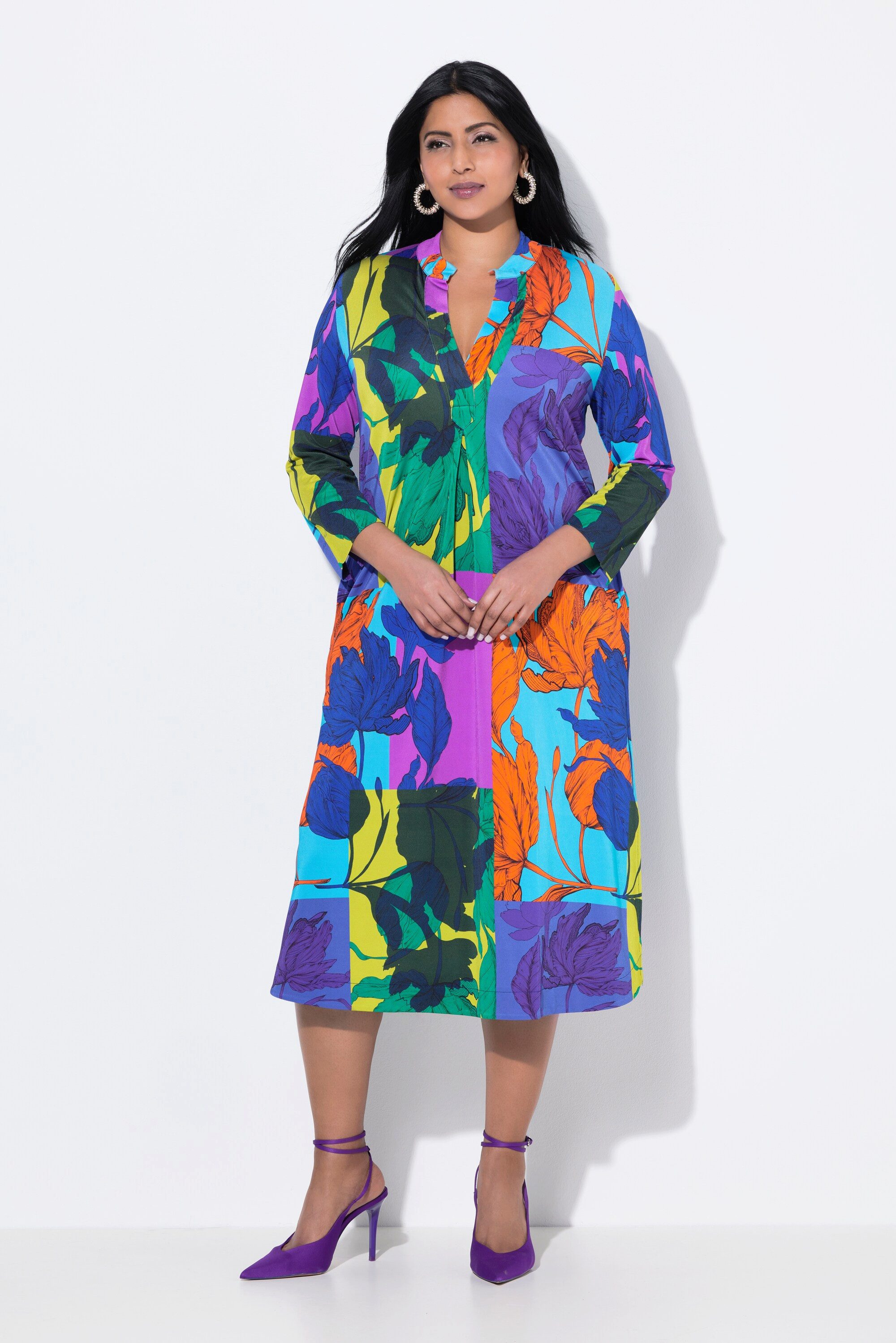 Midikleid Slinky-Midikleid Blätter Stehkragen 3/4-Arm