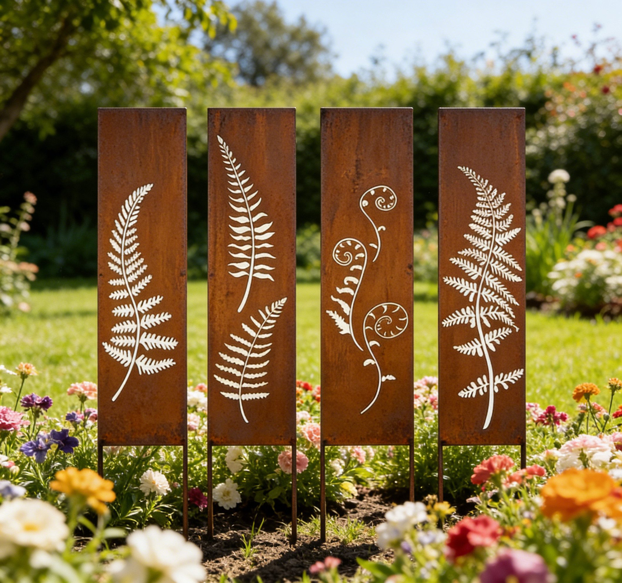 BlingBin Sichtschutzelement 4er Set Sichtschutz Metall, Rostoptik Sichtschutz für Garten, (4er Set, 4-St., Produktabmessungen: 11.15B x 44.8H cm), Sichtschutzelement - Sichtschutzwand - Gartendekoration Zaun - Rost