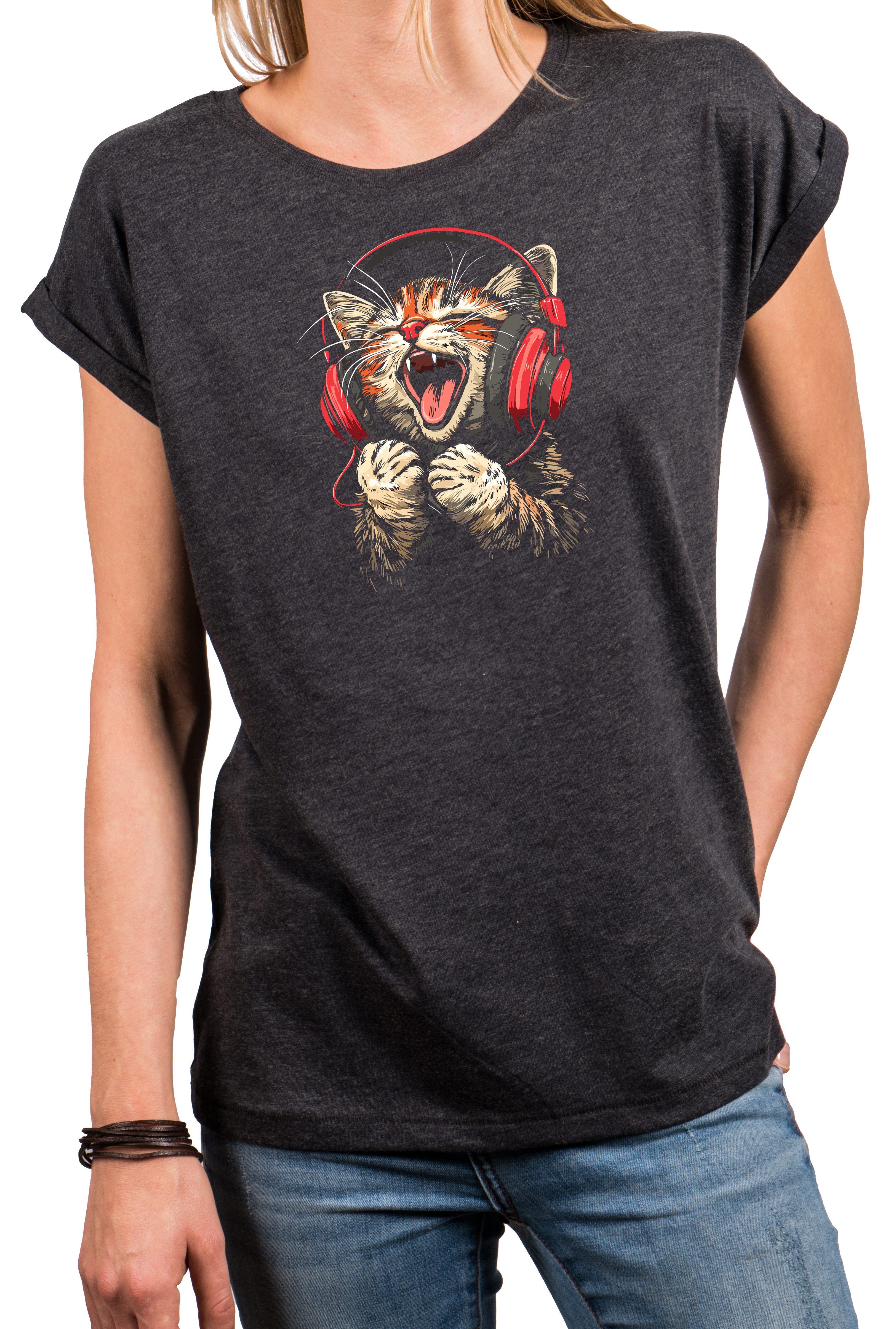 MAKAYA T-Shirt Lustiges Katzenshirt für Damen – Musik Katze mit Kopfhörern (Schwarz, Blau, Dunkelgrau, 34, 36, 38, 40, 42, 44, 46, 48, 50) Baumwolle