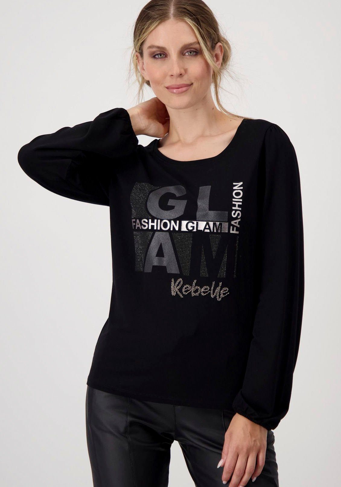 Monari Rundhalsshirt Glitzerschrift und Glitzersteinen