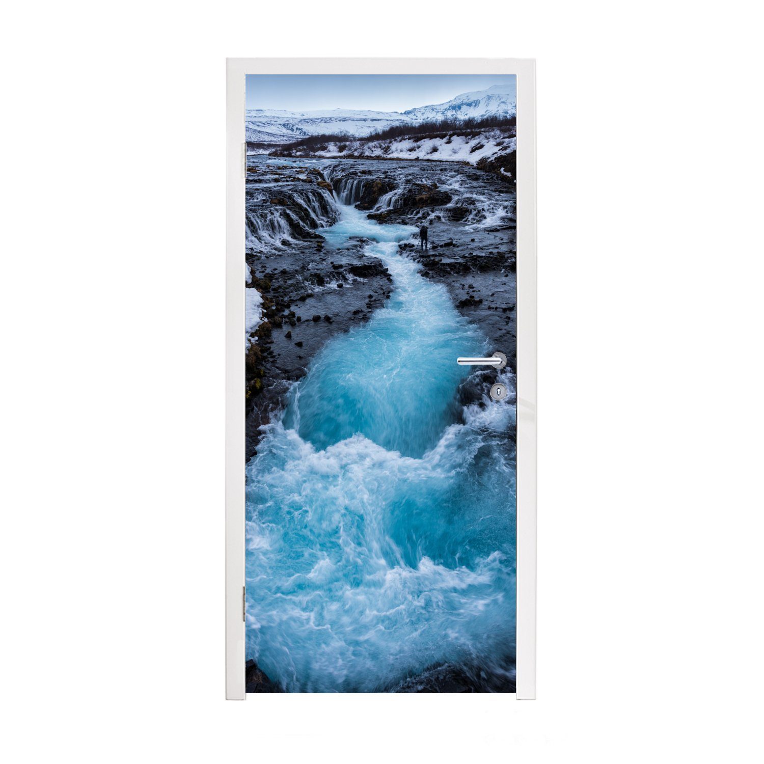 bedruckt, Tür, MuchoWow im für Verschiedene (1 75x205 Gullfoss-Wasserfalls, Türaufkleber, Blautöne Matt, St), Fototapete des Türtapete Wasser cm