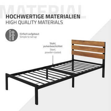 ML-DESIGN Metallbett Bett für Schlafzimmer mit Lattenrost und Holz-Kopfteil Rustikal, Gästebett 90x200 cm Schwarz-Braun Einzelbett Doppelbett