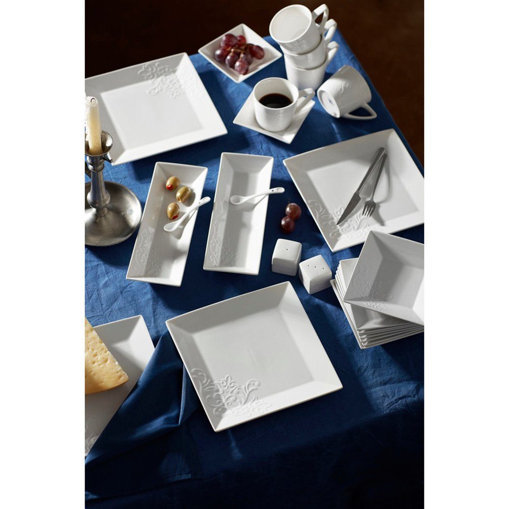 Karaca Frühstücksteller Trend Emboss Quadrat, 32 Teilig, 6 Personen, Weiß