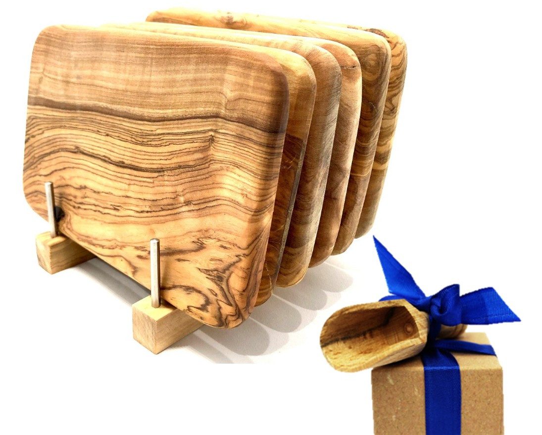 Olivenholz-erleben Frühstücksbrett Bretterständer inkl. 6 Frühstücksbretter Olivenholz 22 x 14 cm, Massivholz, (Set, 7-St., 1x Bretterhalter, 6 Frühstücksbretter, plus Überraschung), platzsparende Aufbewahrung für bis zu 6 Brettchen an einem Ort