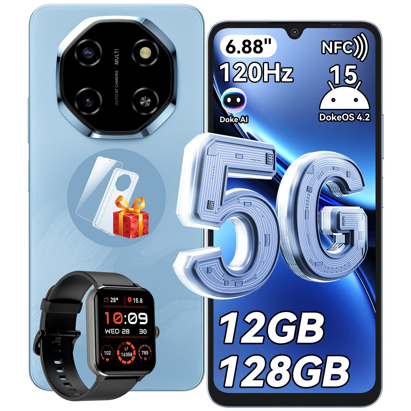 blackview Shark 6 5G,AI incl.R50 Handy (6.88 Zoll, 128 GB Speicherplatz, 120Hz, Doke AI, 5000mAh,Unisoc T8100, Android 15)