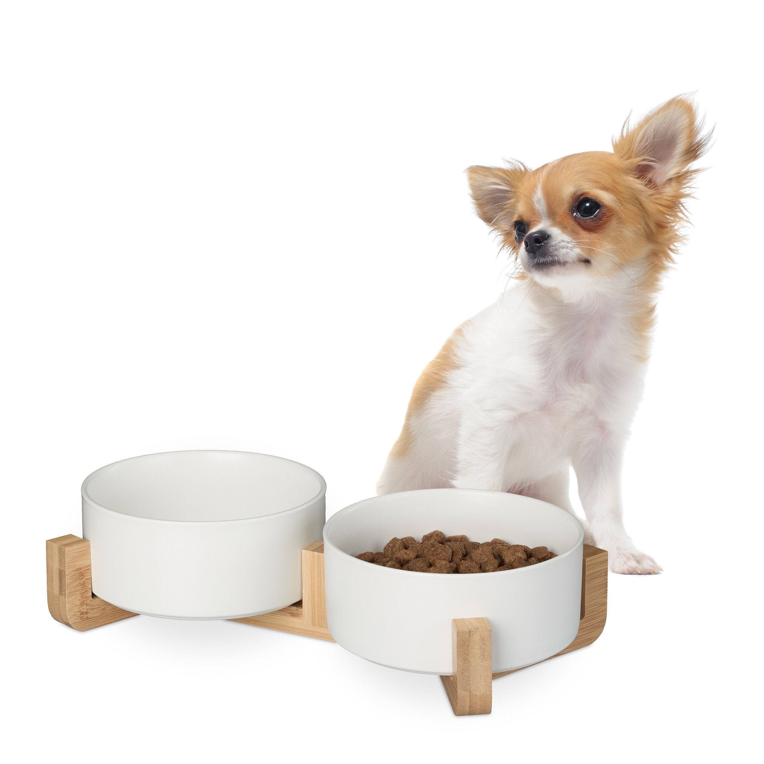 relaxdays Futterstation Hunde Napfbar Keramik mit Bambusgestell, Weiß