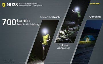 Nitecore LED Taschenlampe Stirnlampe NU33, USB-C-aufladbare LED Kopflampe, 700 Lumen, Rotlicht (1-St)