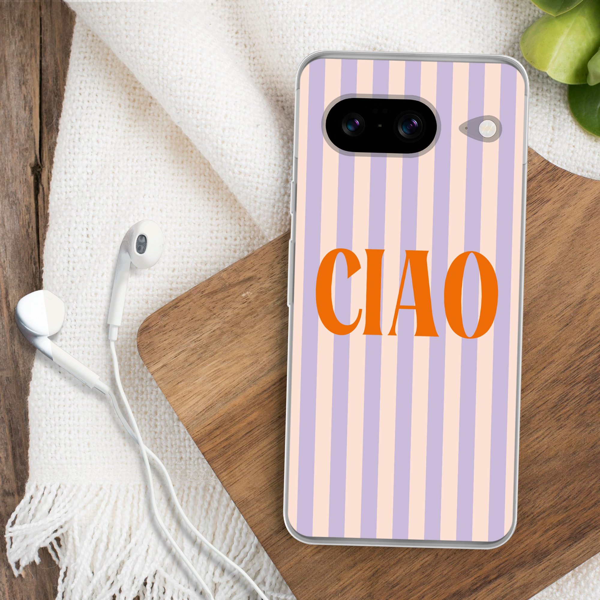 MuchoWow Handyhülle für Google Pixel 8 Ciao - Zitat - Pastell - Streifen, Handy Case, Silikon, Bumper Case Dünn