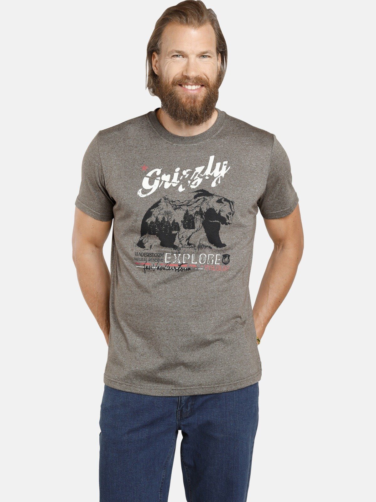 Jan Vanderstorm T-Shirt TAIT mit Grizzly-Print, Comfort Fit oliv