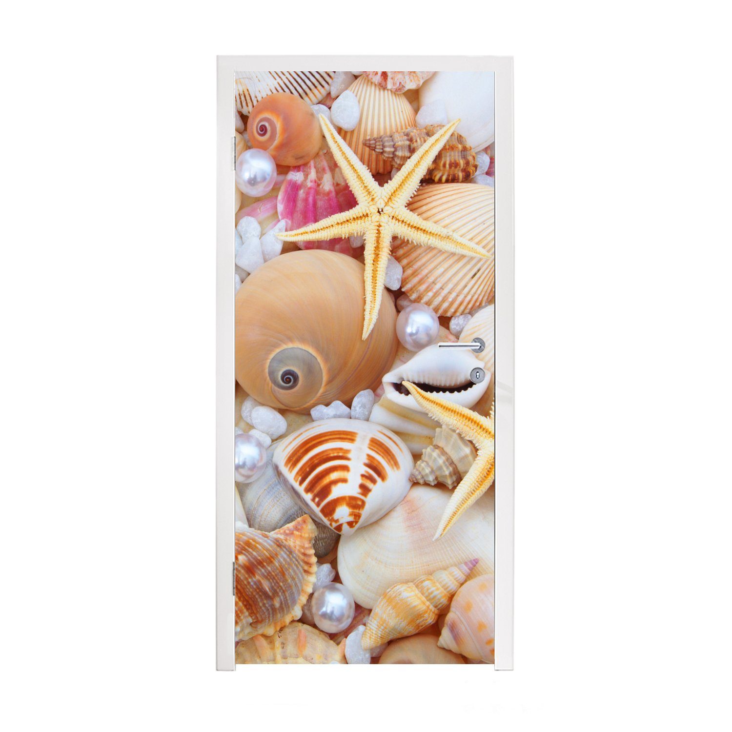 MuchoWow Türtapete Muscheln - Perlen - Seesterne - Strand, Matt, bedruckt, (1 St), Fototapete für Tür, Türaufkleber, 75x205 cm