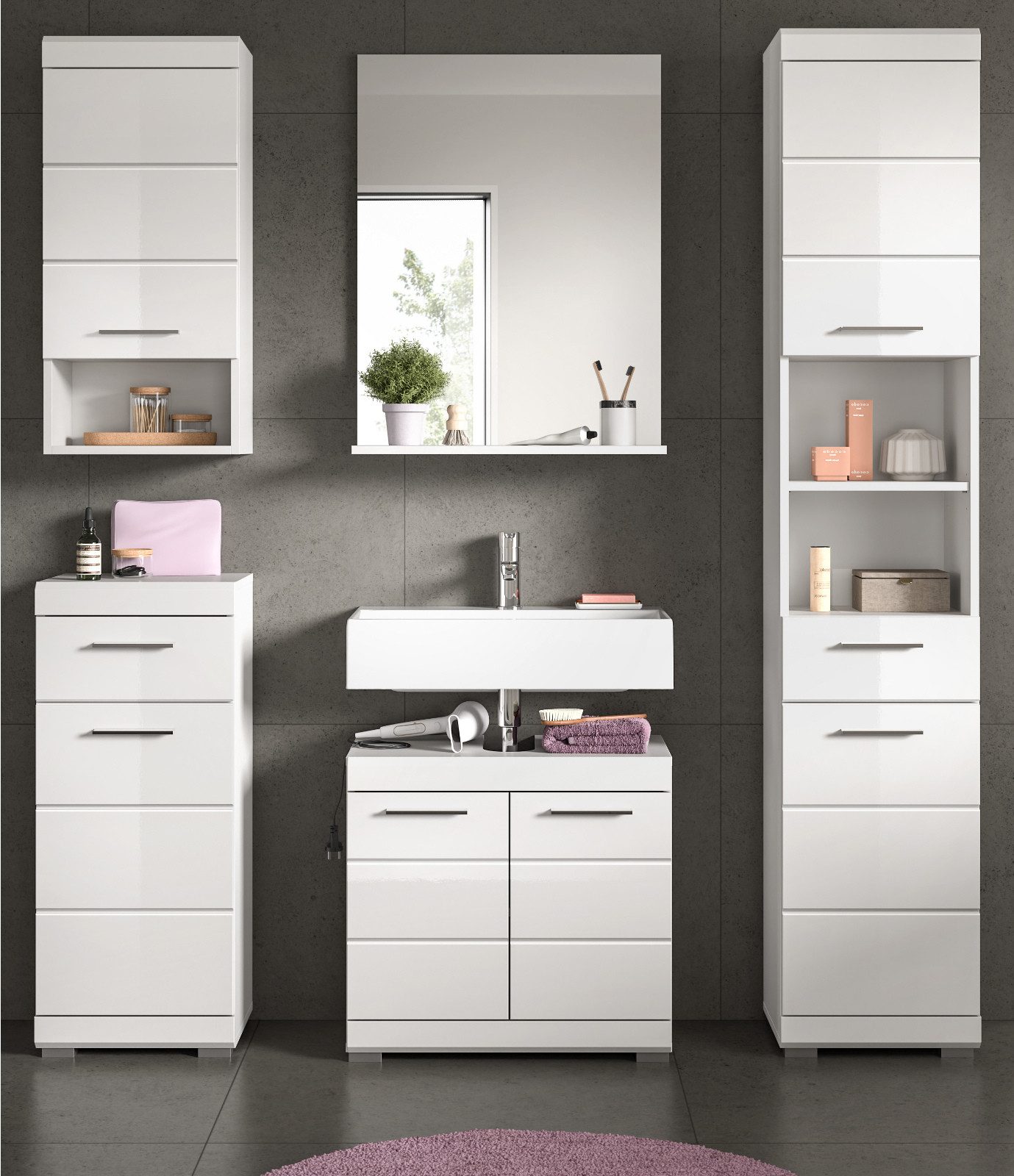 Inn.Furn Badmöbel-Set Shawn, (Badezimmer in weiß Hochglanz, Komplett-Set 5-teilig), Viel Stauraum, 13 Fächer und 2 Schubladen