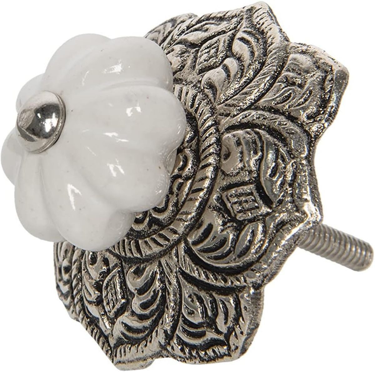 Clayre & Eef Möbelknopf Möbelknauf Keramik Metall Vintage Landhaus Weiß Ø 5 cm, weiße Keramik & ornamentale Metallplatte in antik silberfarben
