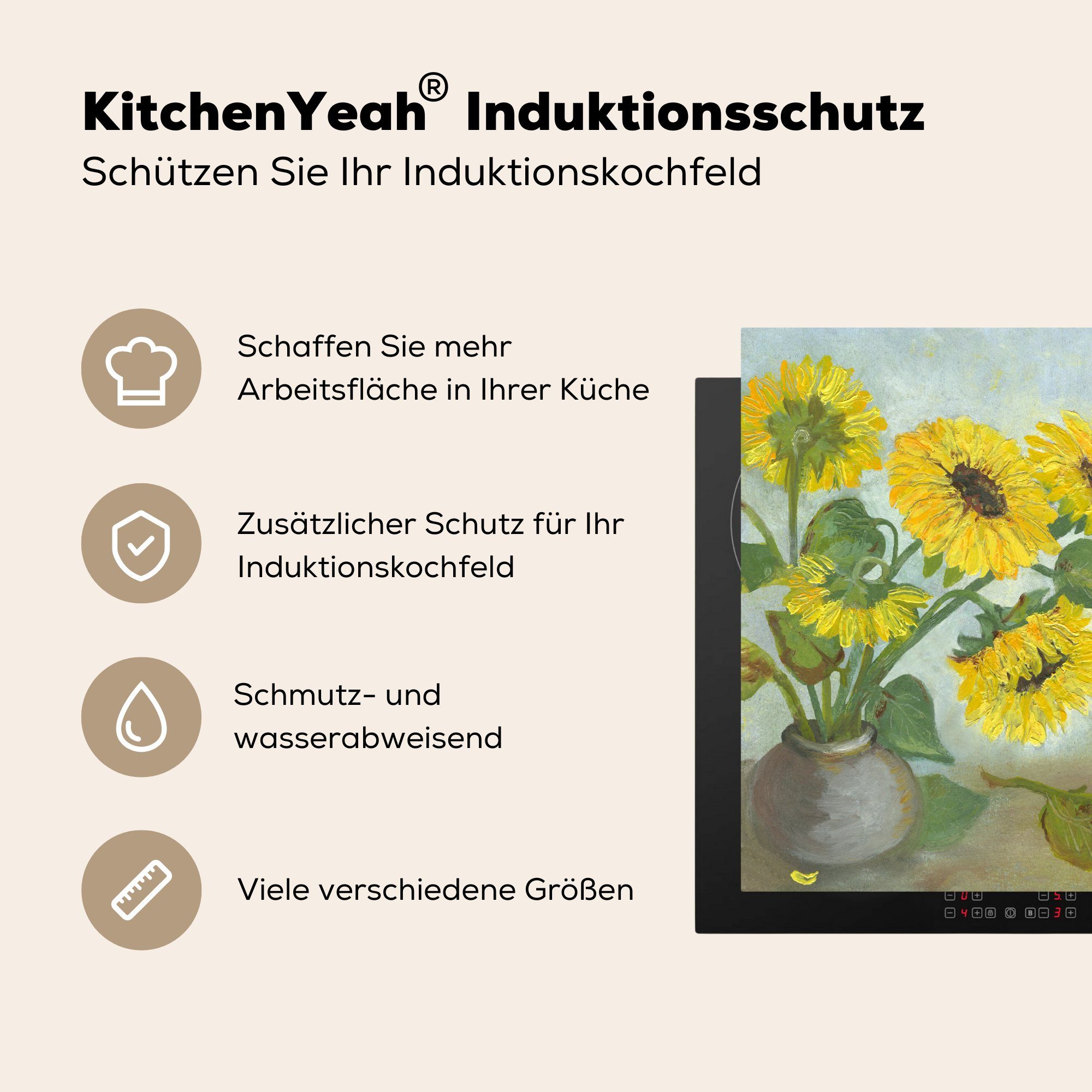 Vinyl, cm, Sonnenblumen - 78x78 Gemälde Vase, Ceranfeldabdeckung, - (1 Arbeitsplatte MuchoWow küche für Herdblende-/Abdeckplatte tlg),