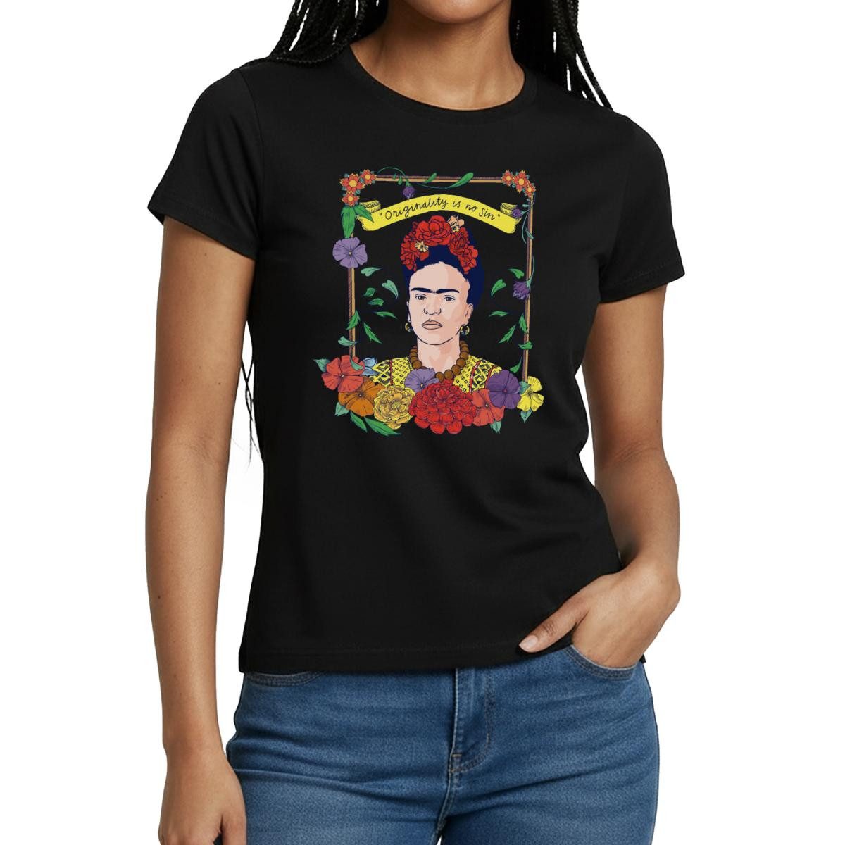 Spreadshirt T-Shirt Frida Kahlo Mit Rahmen Aus Bunten Blumen Frauen T-Shirt (1-tlg)