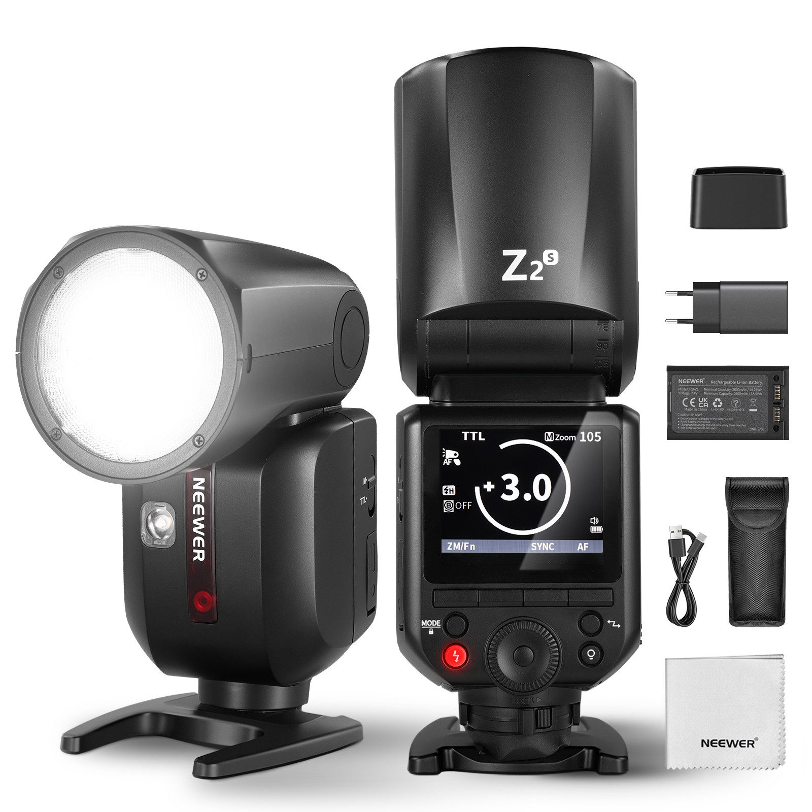 Neewer Z2-S 2,4G TTL Flash Rundkopf Blitz Speedlite für Sony, 1/8000s HSS Blitzgerät, (TTL/M Quick TCM Schalter, 2600mAh Akku, 480 volle Leistung Blitze)