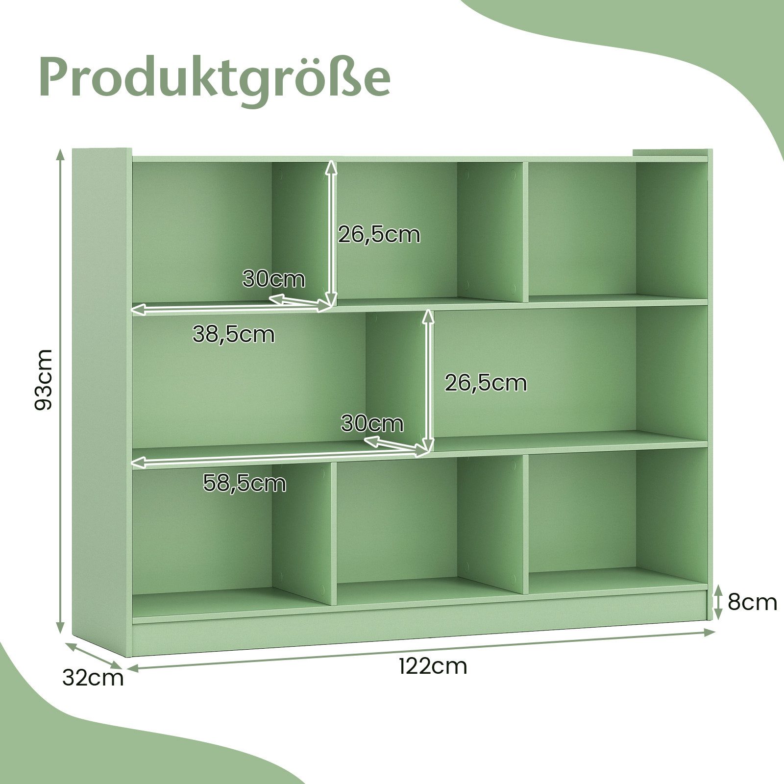 COSTWAY Kinderregal, mit 2 großen Fächern und 6 kleinen Fächern, 122x32x93cm
