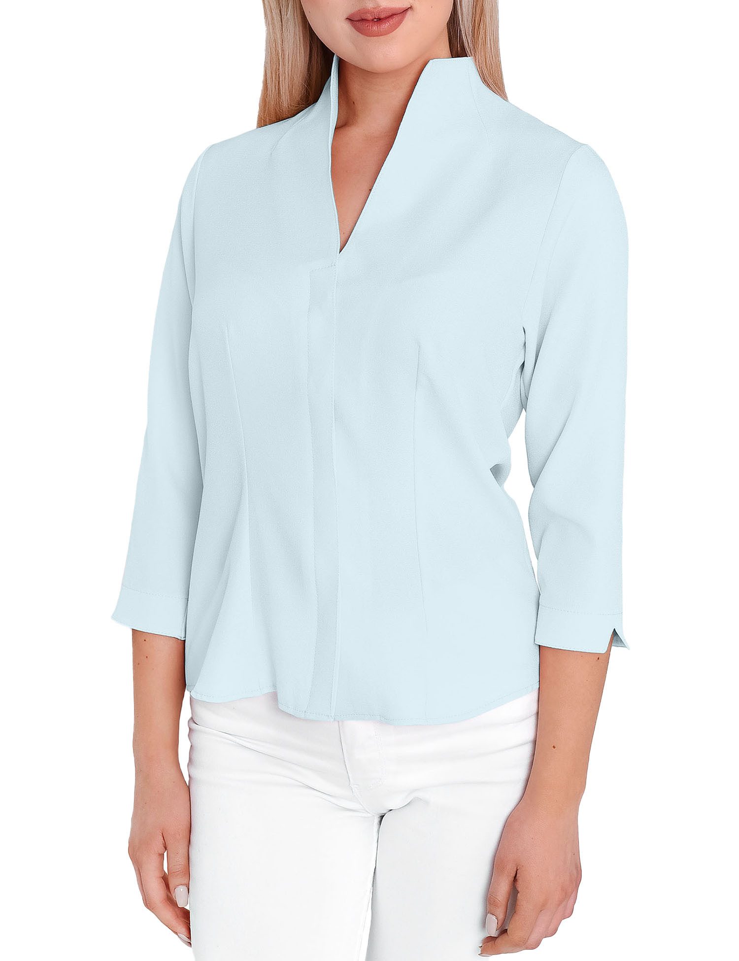 HEVENTON Klassische Bluse 3/4-Ärmel, Business-Bluse mit Kelchkragen, bügelleicht
