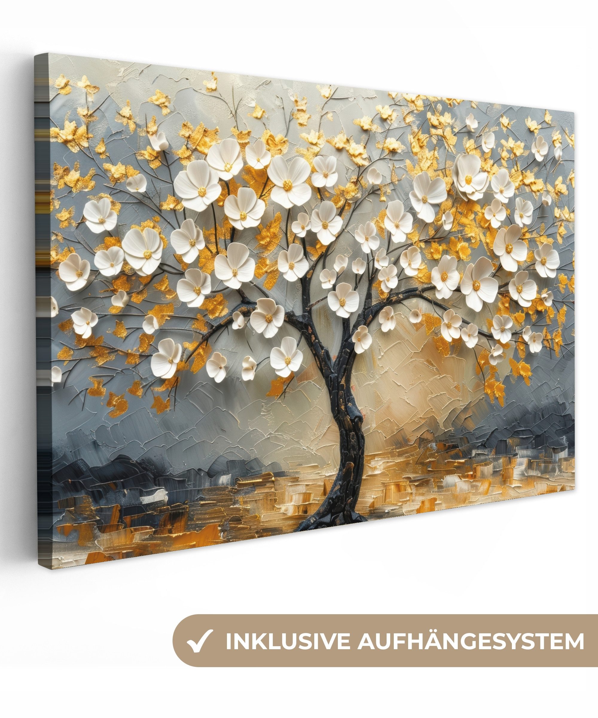 OneMillionCanvasses® Leinwandbild Baum - Blumen - Gold - Beige, Fotodruck ( günstig online kaufen