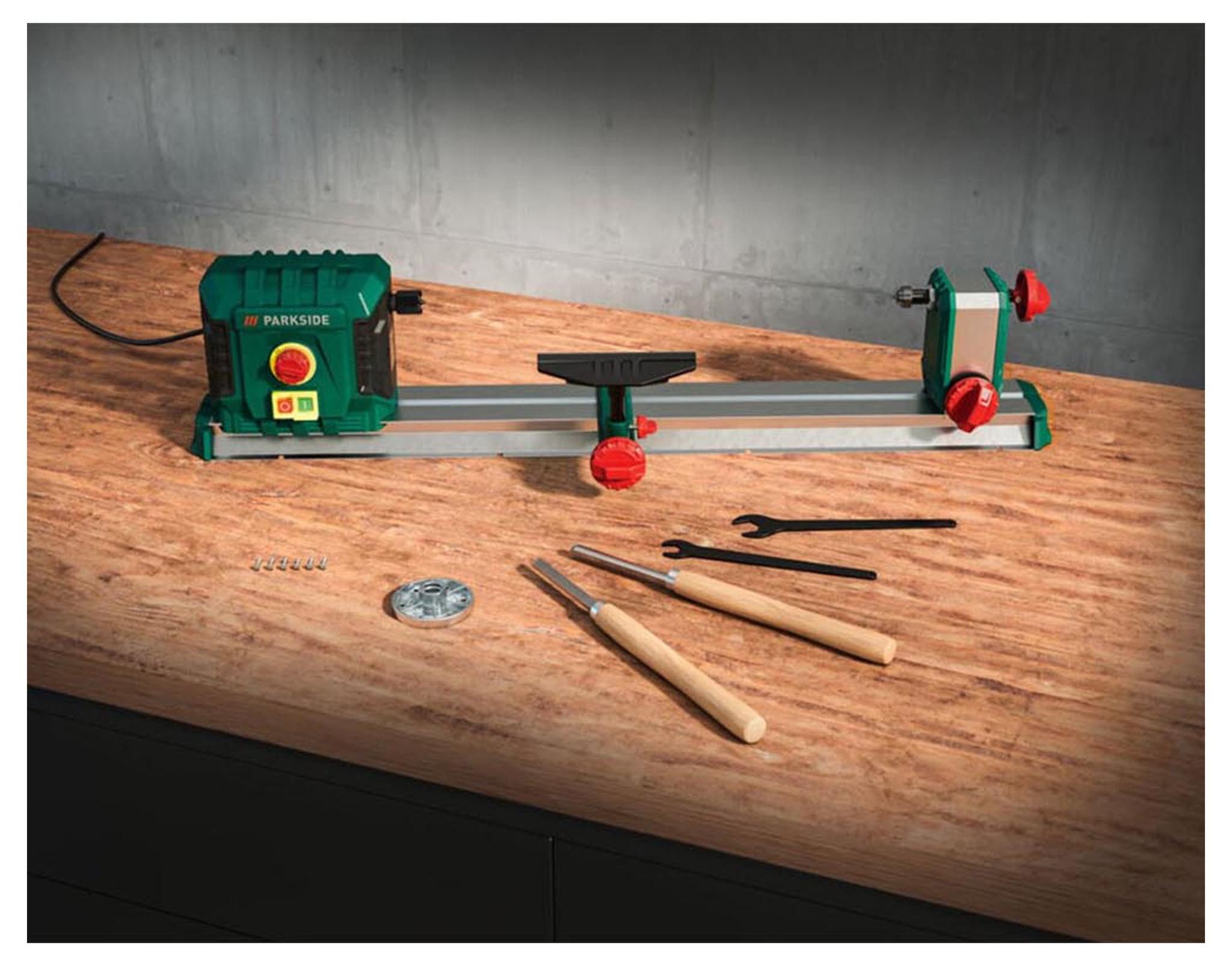 Parkside Drechselbank Drechselmaschine Drechselbank PDM 600 C3 600Watt Inkl 2 Stechbeitel, 600 W, inkl. 2 Stechbeitel, stufenlose Drehzahlregelung