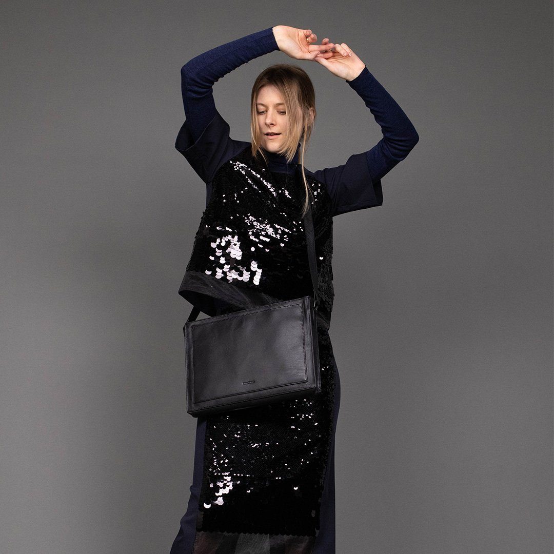 FEYNSINN Umhängetasche echt Leder Umhängetasche groß schwarz SELVA, Handtasche Echtleder für Damen, Umhängetasche schwarz