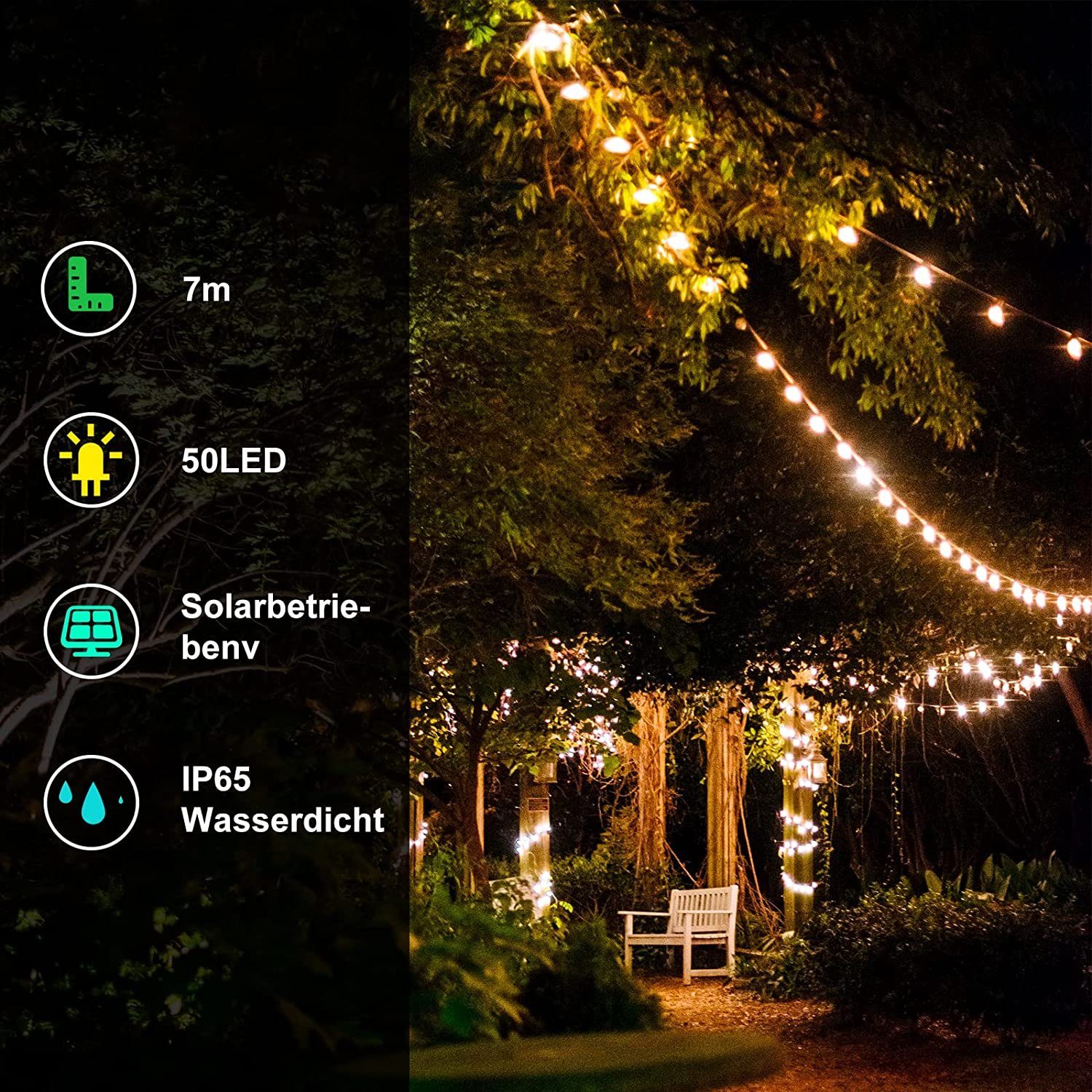 LANOR LED Solarleuchte Solar Lichterkette, 50 LED-Stripes,Lichterkette,Lichtbalken,7M Garten, für Lichter, Hochzeit, Party Marokko Baum, Geeignet