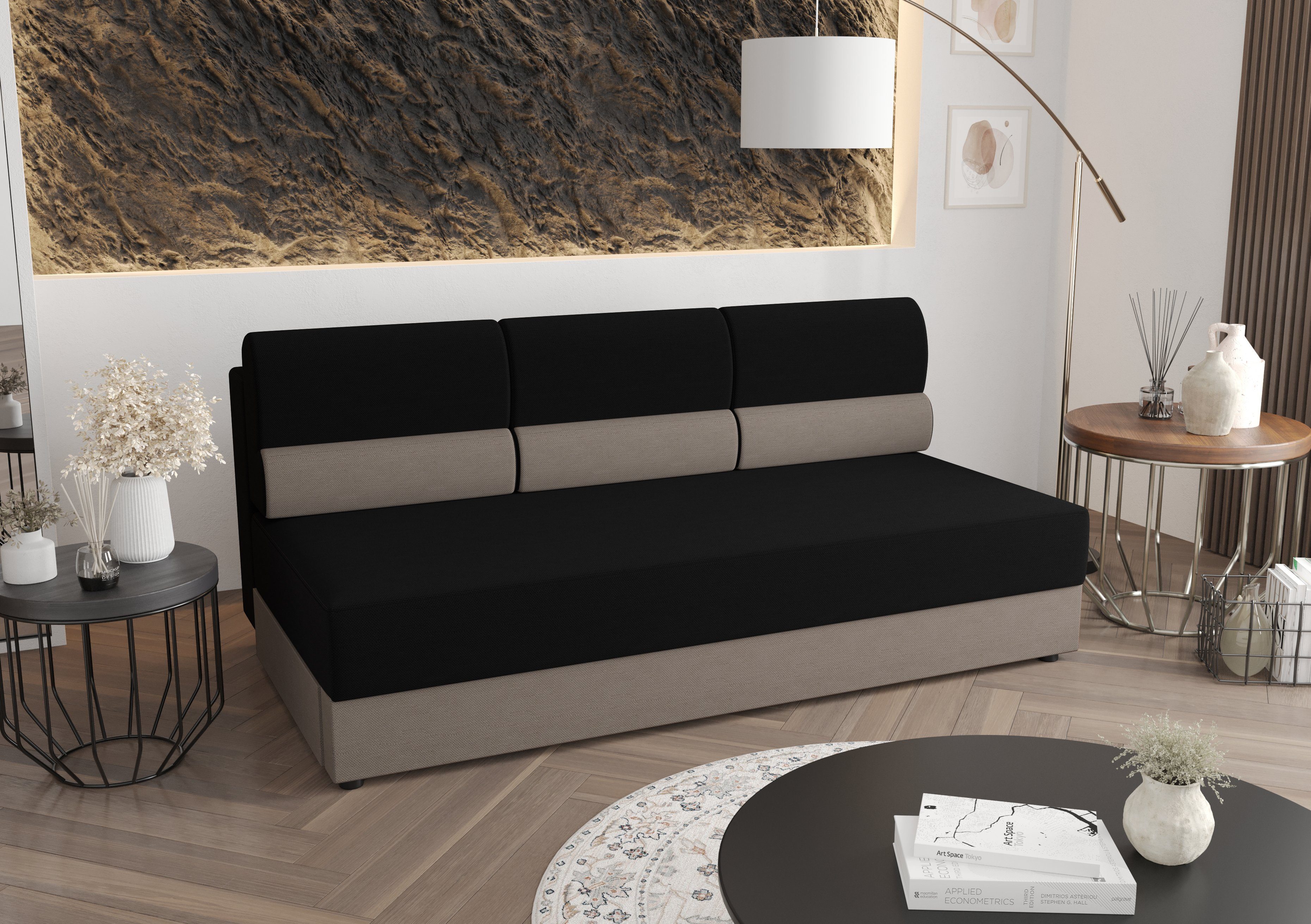 und Schlafsofa, Bettkasten Sofa pressiode mit COUCH Schwarz+Grau REBI Schlaffunktion 190cm