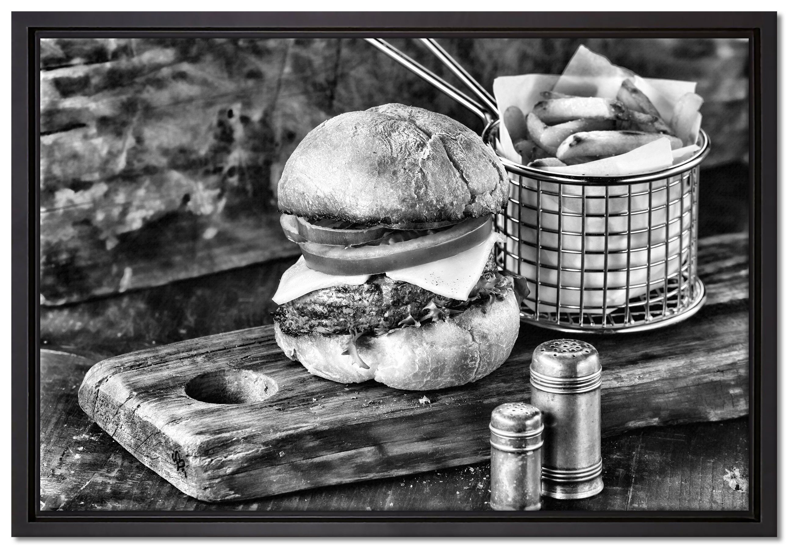 gefasst, inkl. Zackenaufhänger Cheesburger fertig mit Pommes, St), einem in (1 Leinwandbild Wanddekoration bespannt, Leinwandbild Pixxprint Schattenfugen-Bilderrahmen