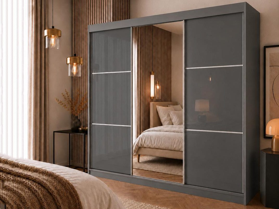 Beautysofa Schwebetürenschrank Viva mit Lacobel-Glas (4 Farben: Weiß, Grau, Schwarz und Kaschmir, mit oder ohne Schubladeneinsätze) Moderner Kleiderschrank