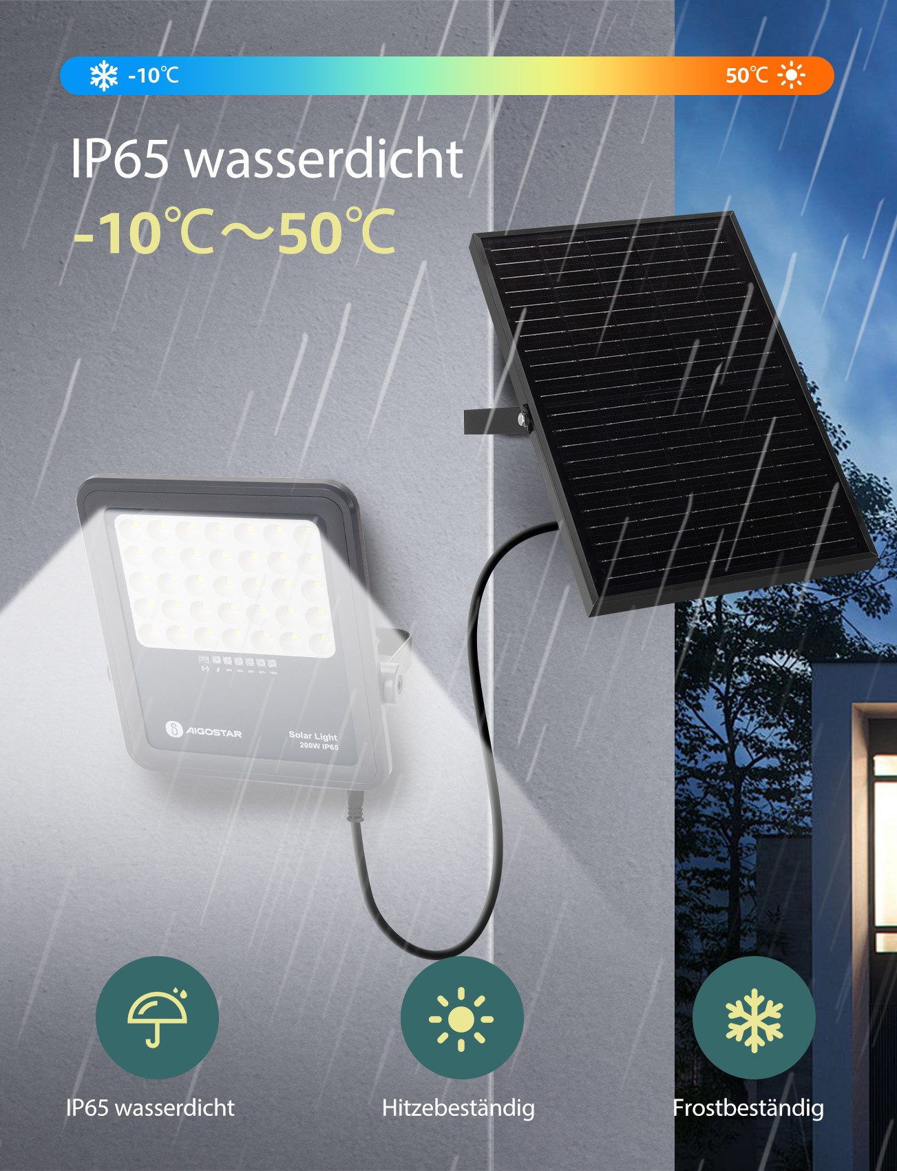 Aigostar Flutlichtstrahler Solarstrahler mit Fernbedienung,6500K,IP65 Außenstrahler,2m Kabellänge, LED fest integriert, Tageslichtweiß
