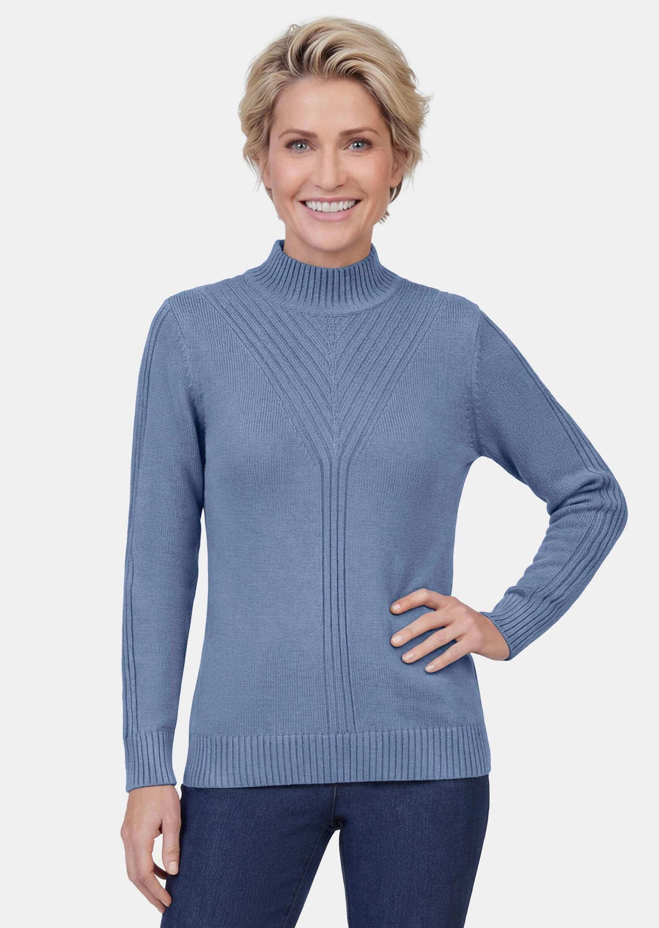 GOLDNER Strickpullover Rippenpullover mit Stehkragen Strukturstrick aus Baumwollmischung mit V-Rippenmuster und Langarm
