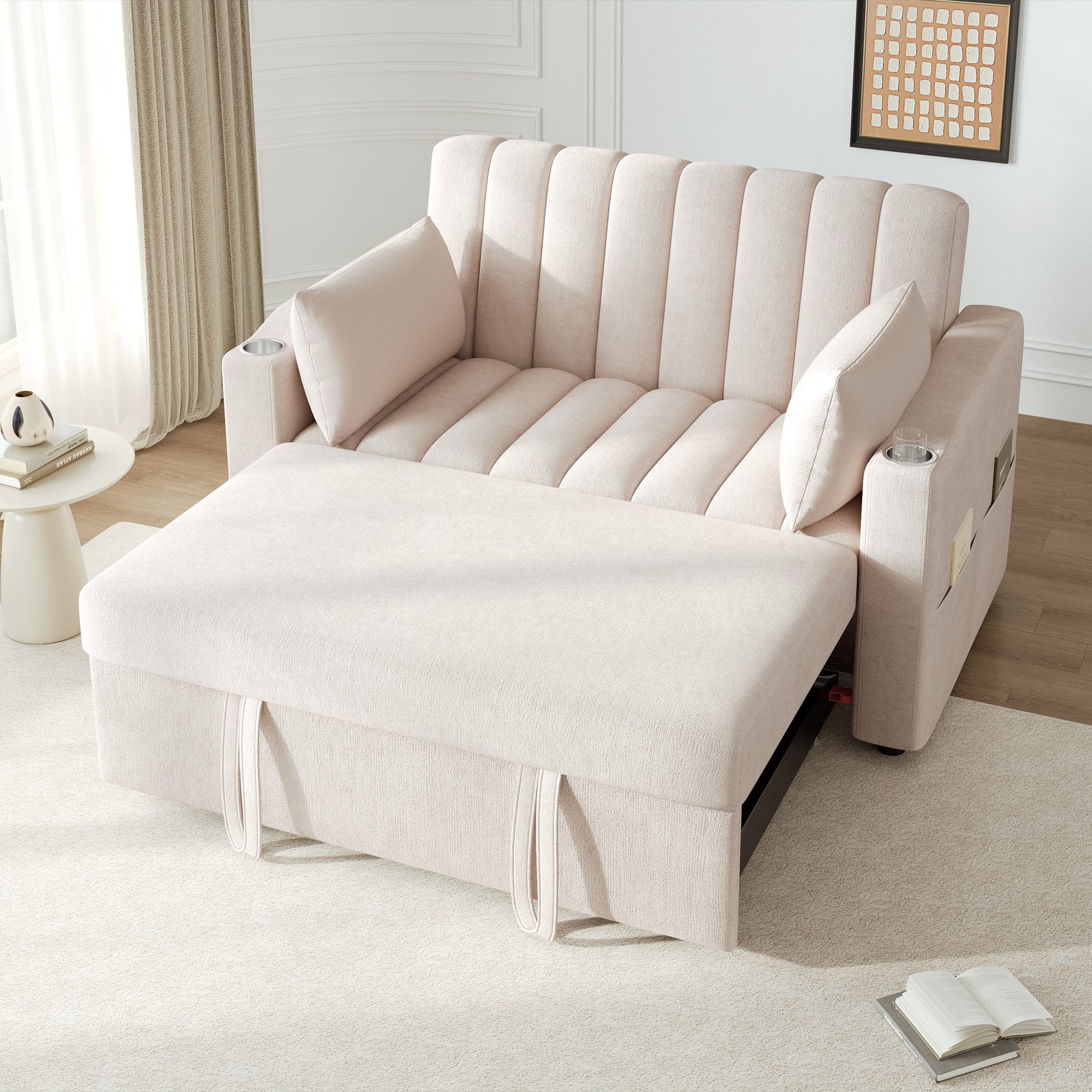 BlingBin Schlafsofa Ausziehbar Doppelsofa mit Schlaffunktion, Verstellbar Rückenlehne, Tragfähigkeit: 150kg/Sitz, Multifunktionssofa, Schlafcouch 1 Teile, Loungesofa mit Getränkehalter & Kissen für Wohnzimmer Wohnung, Beige