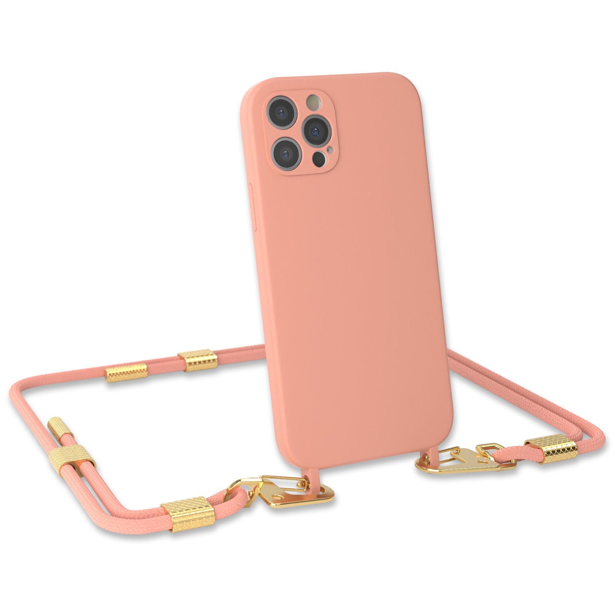 EAZY CASE Handykette Carabiner Chain für Apple iPhone 12 Pro 6,1 Zoll, 2 in 1 Handytasche farbige Silikon Hülle mit Umhängeband Altrosa Coral