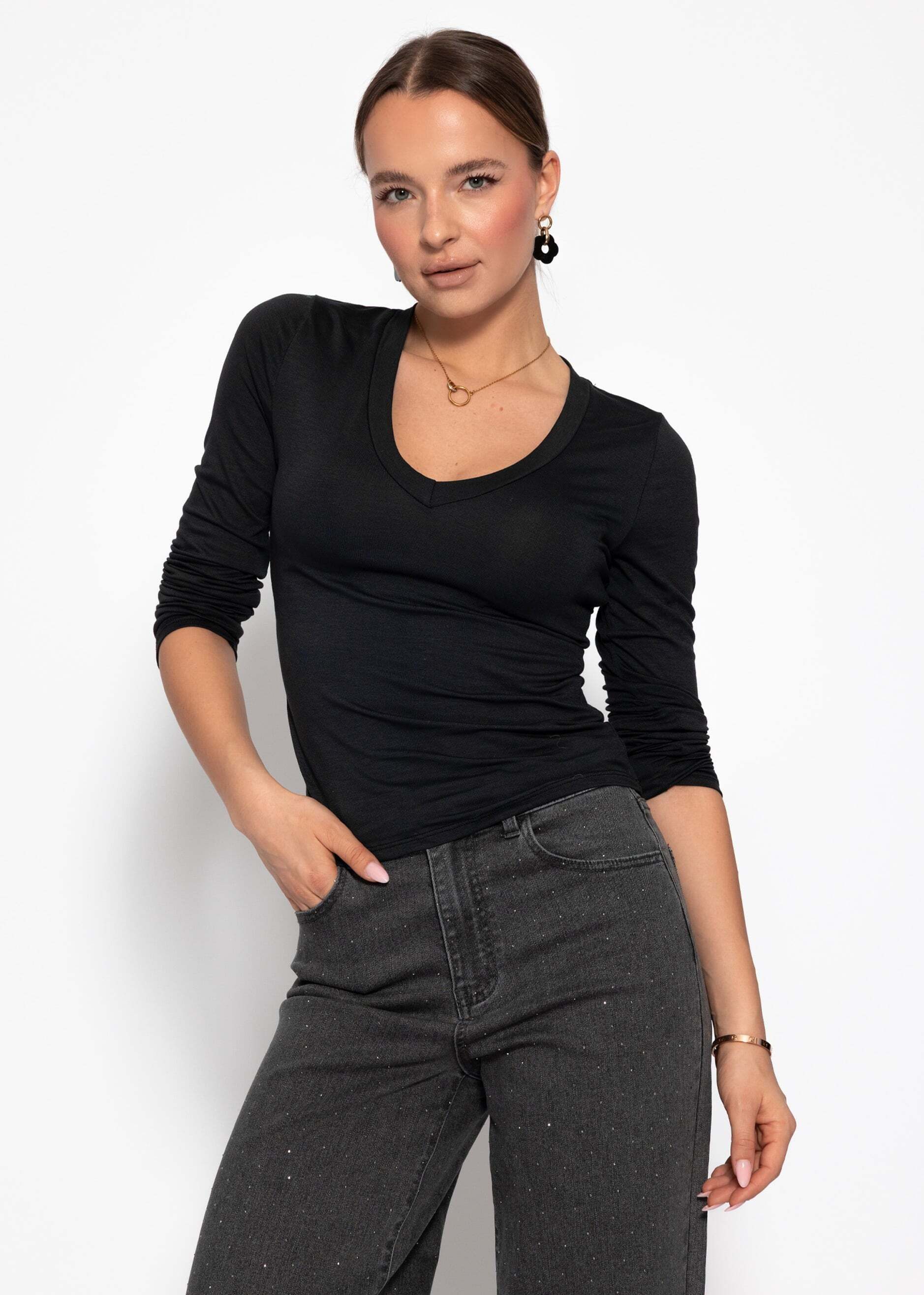 SASSYCLASSY Langarmshirt Langarmshirt mit V-Ausschnitt für Damen Anliegende günstig online kaufen