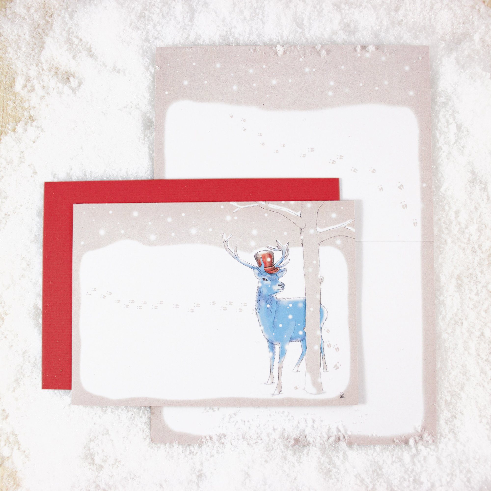 Bow & Hummingbird Grußkarten Grußkarte Hirsch im Schnee rot