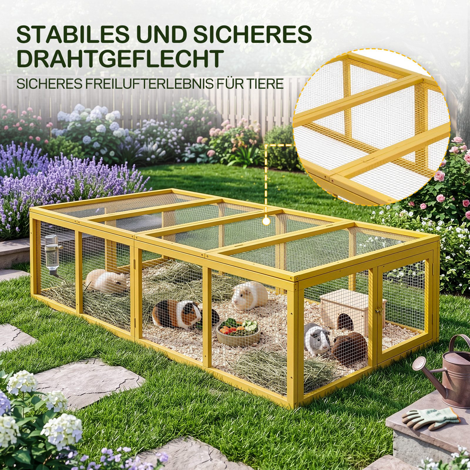 LALAHO Kleintierstall Kaninchenstall Hühnerstall mit Dachöffnung, 190 x 90 x 48 cm, aufklappbares Dach, Käfig, Meerschweinchen Stall